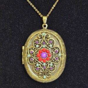 Oval Cabochon Treasure Locket Statement Necklace, Gold Tone/Colorful Beads, 17"